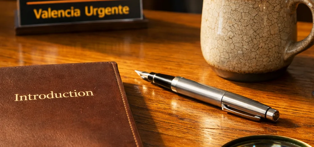 Escritorio de roble iluminado con un libro, pluma metálica y taza de cerámica; fondo desenfocado sobre cerrajería en Valencia.
