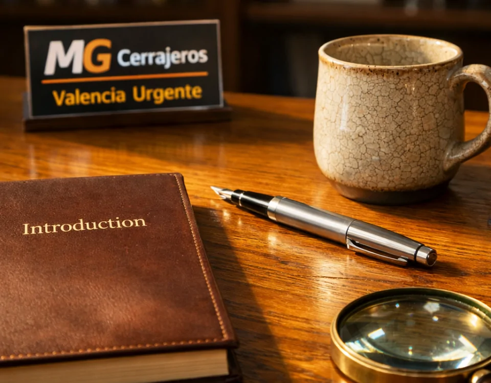 Escritorio de roble iluminado con un libro, pluma metálica y taza de cerámica; fondo desenfocado sobre cerrajería en Valencia.