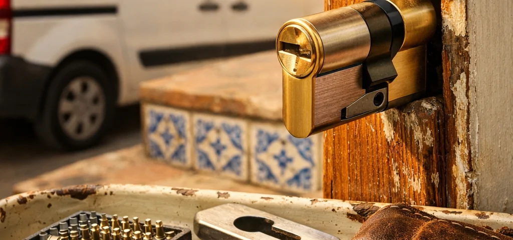 Cerradura euro-perfil en puerta de madera, herramientas de cerrajero y ambiente cálido en calle de Valencia. Cuales son las mejores empresas para cambio de cerraduras en Valencia.