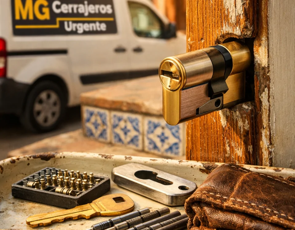 Cerradura euro-perfil en puerta de madera, herramientas de cerrajero y ambiente cálido en calle de Valencia. Cuales son las mejores empresas para cambio de cerraduras en Valencia.