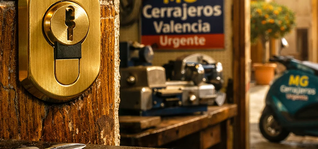 Cilindro de bronce en puerta de madera valenciana, taller organizado y calle soleada; Cuales son los mejores servicios de cambio de cerraduras en Valencia.