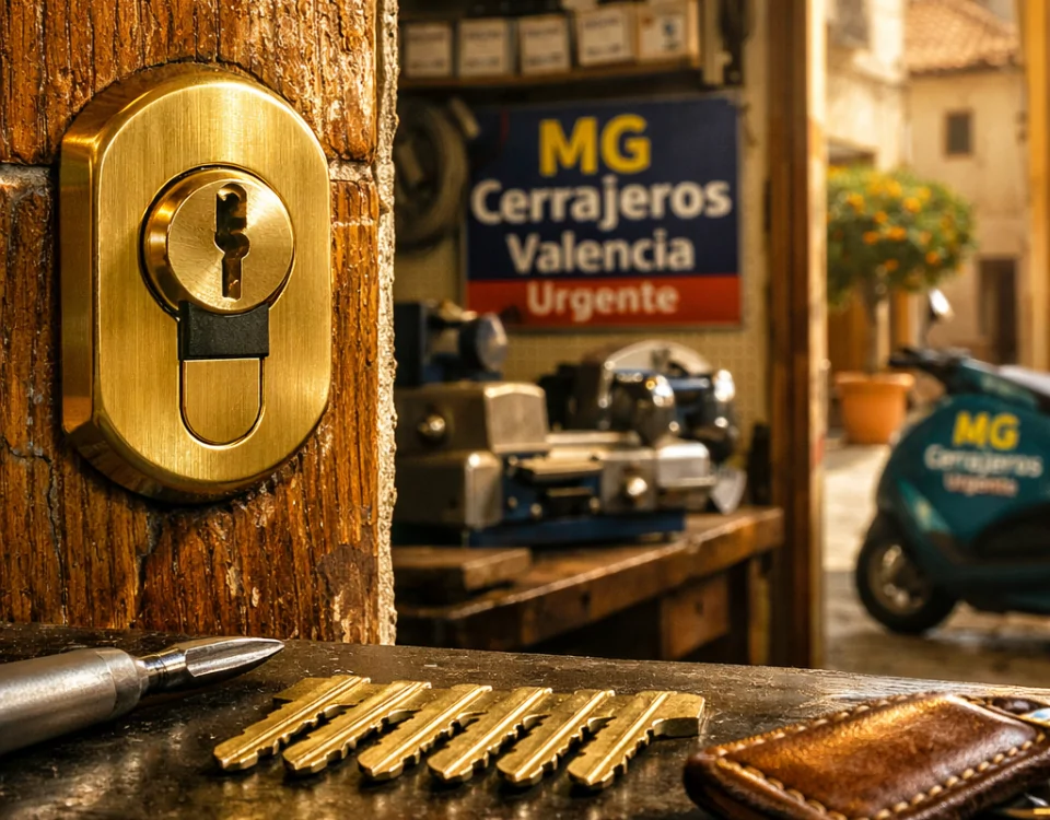 Cilindro de bronce en puerta de madera valenciana, taller organizado y calle soleada; Cuales son los mejores servicios de cambio de cerraduras en Valencia.