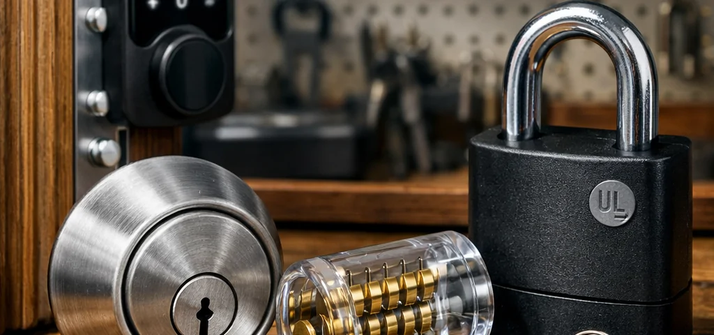 Primer plano de cerraduras seguras en un banco de trabajo; "Cuales son las cerraduras mas seguras para instalar actualmente".