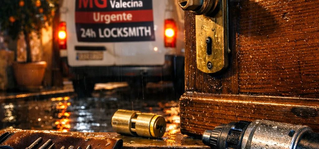 Escena nocturna tensa en Valencia con herramientas de cerrajería y una puerta entreabierta; servicio urgente de apertura de puertas.