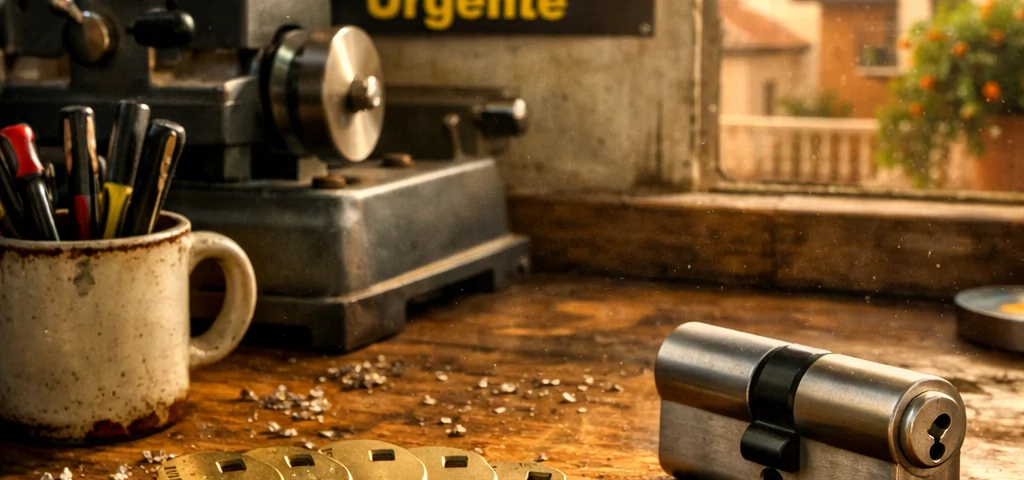 Taller soleado con un banco de trabajo de roble, llaves de bronce y una máquina de corte, reflejando servicios de cerrajería en Valencia.