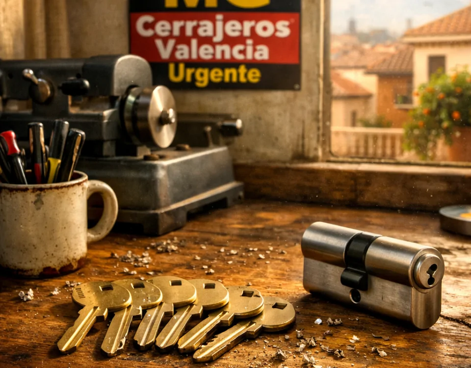Taller soleado con un banco de trabajo de roble, llaves de bronce y una máquina de corte, reflejando servicios de cerrajería en Valencia.