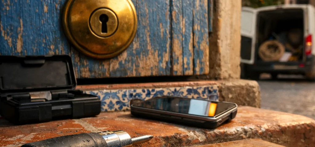 Puerta azul desgastada en Valencia, herramientas metálicas en el umbral; donde contratar un cerrajero para apertura de puertas en Valencia.