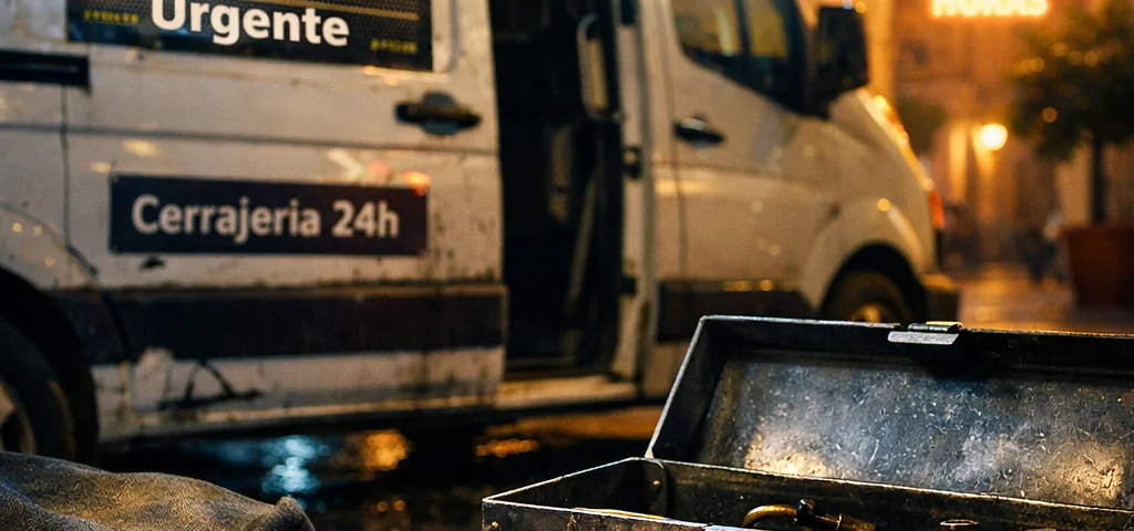 Escena nocturna tensa en Valencia con un toolbox abierto y un furgón de cerrajería 24h. Donde puedo encontrar cerrajeria urgente disponible las 24 horas en Valencia.