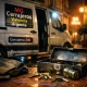 Escena nocturna tensa en Valencia con un toolbox abierto y un furgón de cerrajería 24h. Donde puedo encontrar cerrajeria urgente disponible las 24 horas en Valencia.