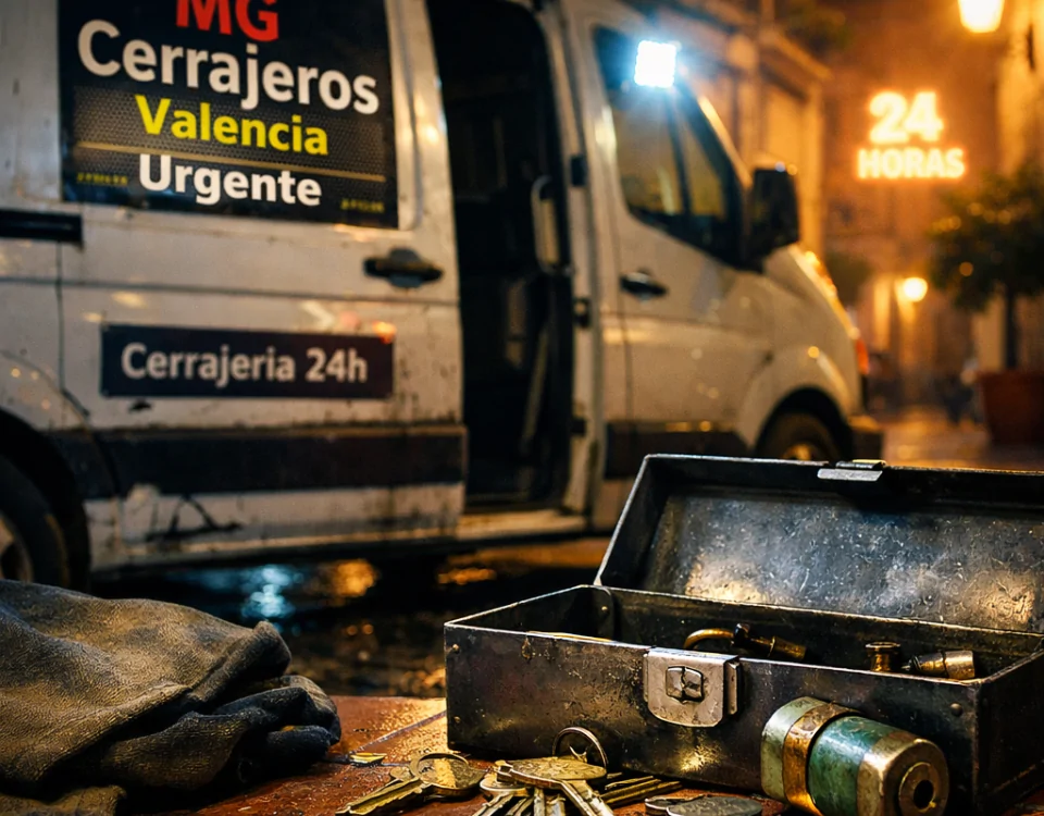 Escena nocturna tensa en Valencia con un toolbox abierto y un furgón de cerrajería 24h. Donde puedo encontrar cerrajeria urgente disponible las 24 horas en Valencia.