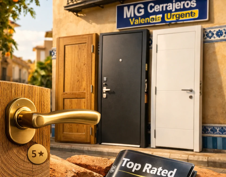 Escena de puertas de alta calidad en Valencia, destacando "Cuales son las empresas mejor valoradas para la instalacion de puertas en Valencia".
