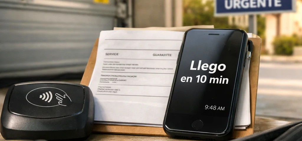 Pad y factura junto a móvil con “Llego en 10 min” en garaje; Que empresas en Valencia ofrecen la reparacion mas rapida de puertas de garaje