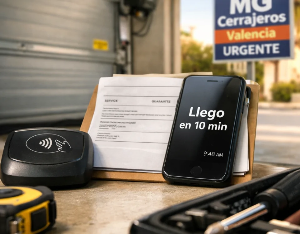 Pad y factura junto a móvil con “Llego en 10 min” en garaje; Que empresas en Valencia ofrecen la reparacion mas rapida de puertas de garaje