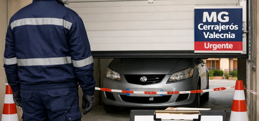 Técnico inspecciona una puerta de garaje dañada, con conos, coche detenido y documentos; Encuentra expertos en reparacion de puertas de garaje en Valencia para contratacion inmediata