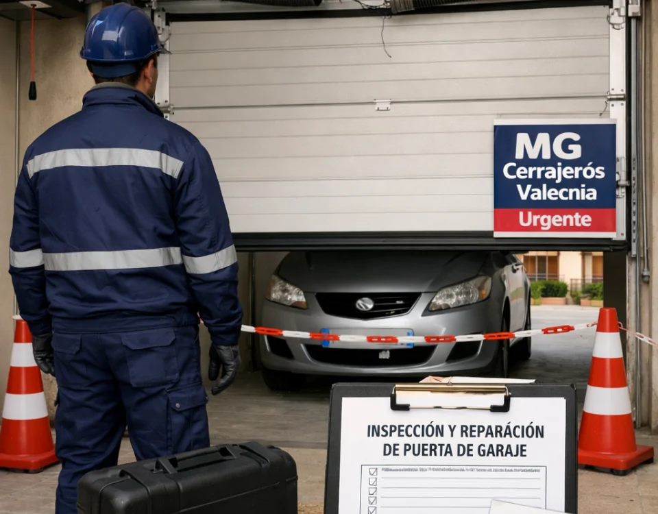 Técnico inspecciona una puerta de garaje dañada, con conos, coche detenido y documentos; Encuentra expertos en reparacion de puertas de garaje en Valencia para contratacion inmediata