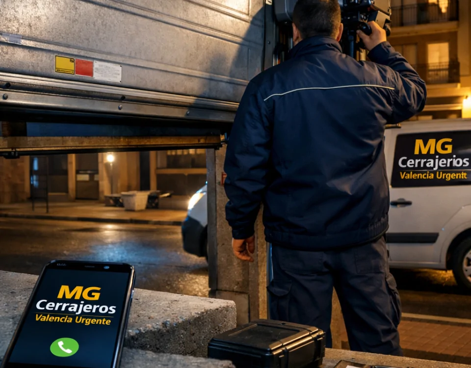Cerrajero diagnostica una puerta de garaje en Valencia; móvil “Cerrajero 24 horas” y van. Encuentra cerrajeros en Valencia que ofrezcan servicio 24 horas para puertas de garaje