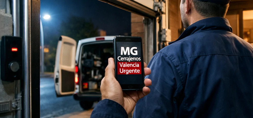 Técnico revisa garaje automatizado junto a una furgoneta en Valencia; texto: “Donde puedo contratar reparacion urgente de puertas de garaje en Valencia”