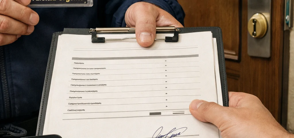 Cerrajero entrega identificación, presupuesto y orden firmada ante una puerta en Valencia; Cuales son los cerrajeros mas valorados para urgencias en Valencia