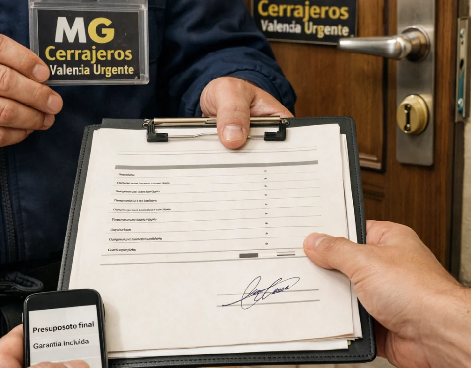 Cerrajero entrega identificación, presupuesto y orden firmada ante una puerta en Valencia; Cuales son los cerrajeros mas valorados para urgencias en Valencia