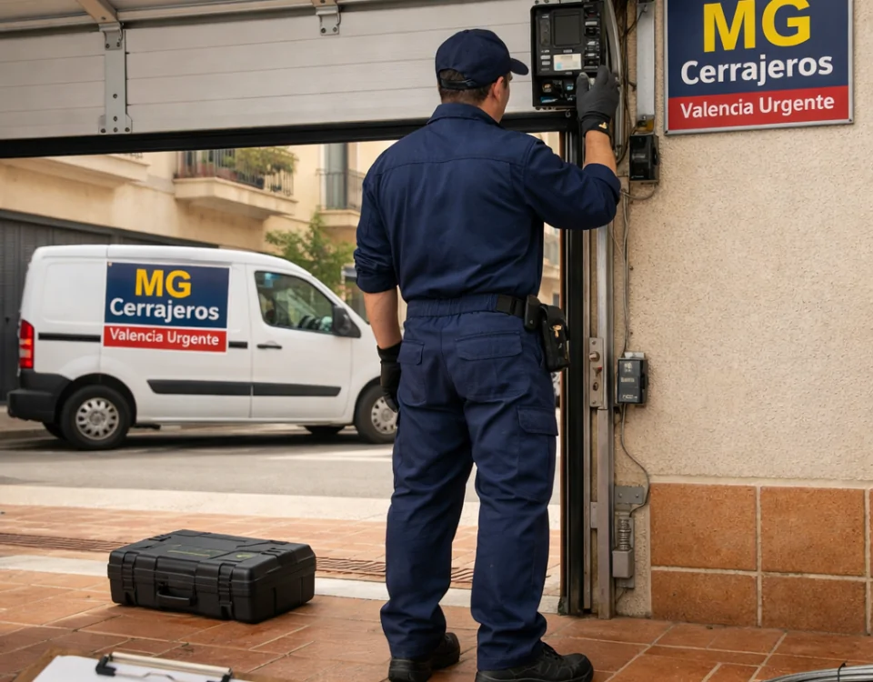 Técnico revisa puerta de garaje en Valencia; Donde contratar un servicio rapido de reparacion de puertas de garaje en Valencia