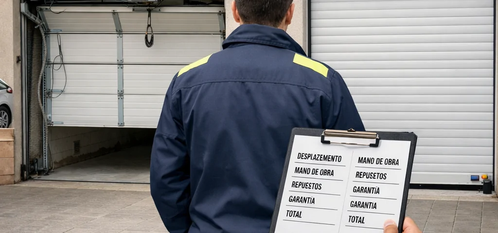 Tu00e9cnico compara dos garajes en Valencia; presupuesto visible: Compara los servicios de reparacion de puertas de garaje en Valencia