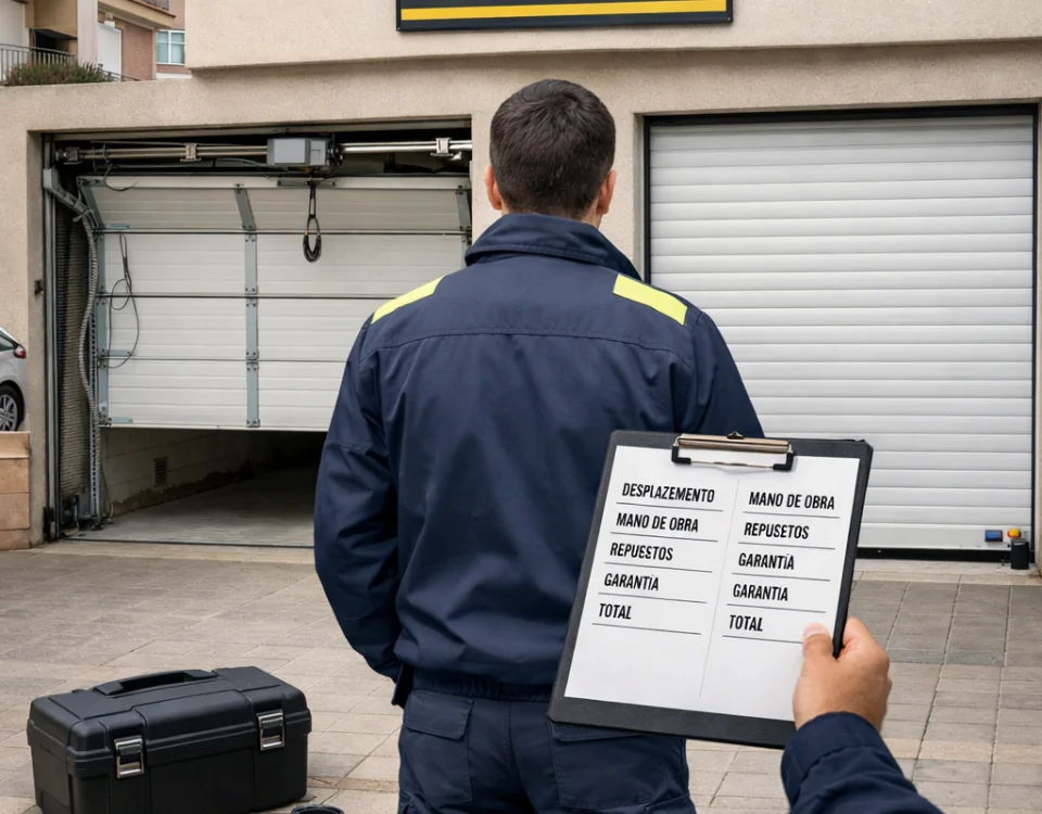 Tu00e9cnico compara dos garajes en Valencia; presupuesto visible: Compara los servicios de reparacion de puertas de garaje en Valencia