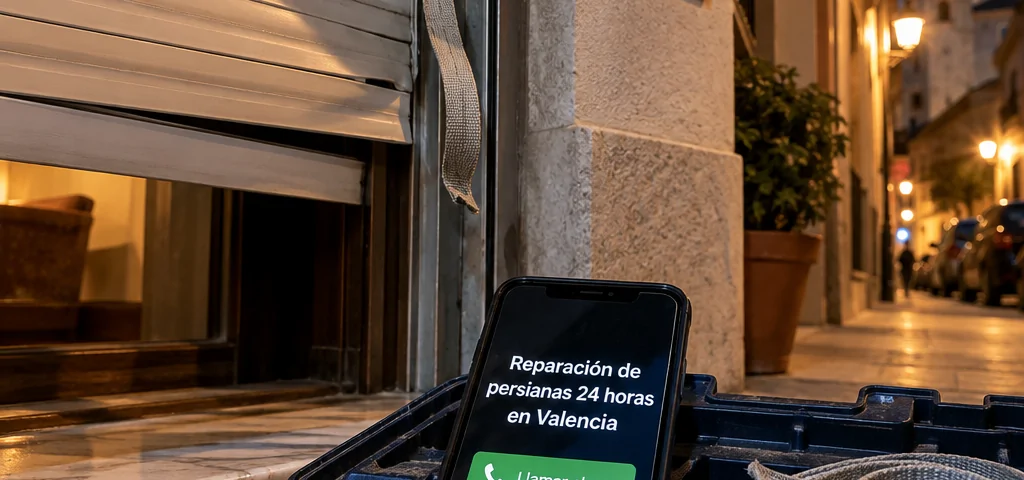 Mu00f3vil muestra reparaciu00f3n de persianas 24 horas en Valencia; persiana rota y herramientas. Donde puedo contratar una reparacion de persianas las 24 horas en Valencia