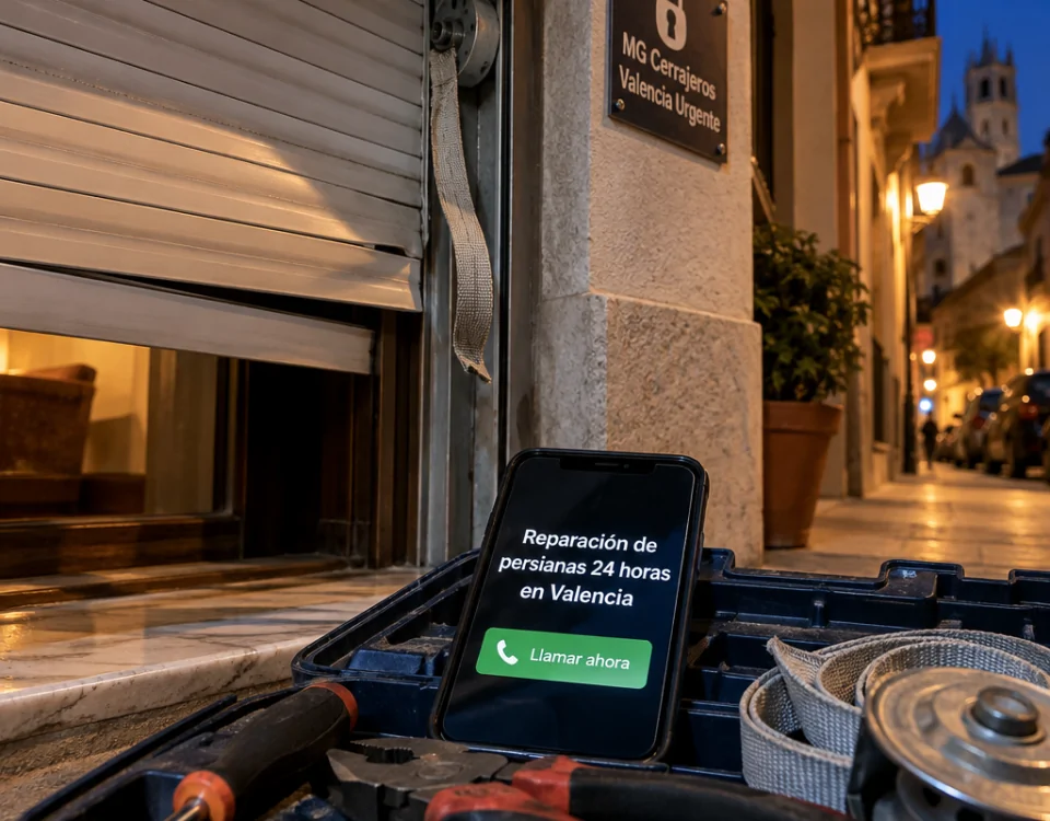Mu00f3vil muestra reparaciu00f3n de persianas 24 horas en Valencia; persiana rota y herramientas. Donde puedo contratar una reparacion de persianas las 24 horas en Valencia