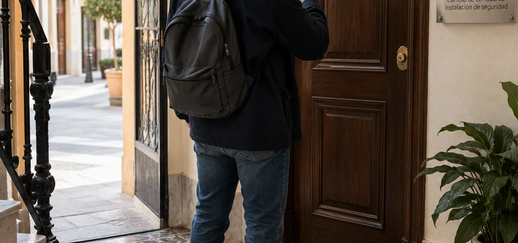 Persona de espaldas consulta su mu00f3vil ante una puerta en Valencia: Encuentra un servicio de apertura de puertas urgente cerca de mi en Valencia