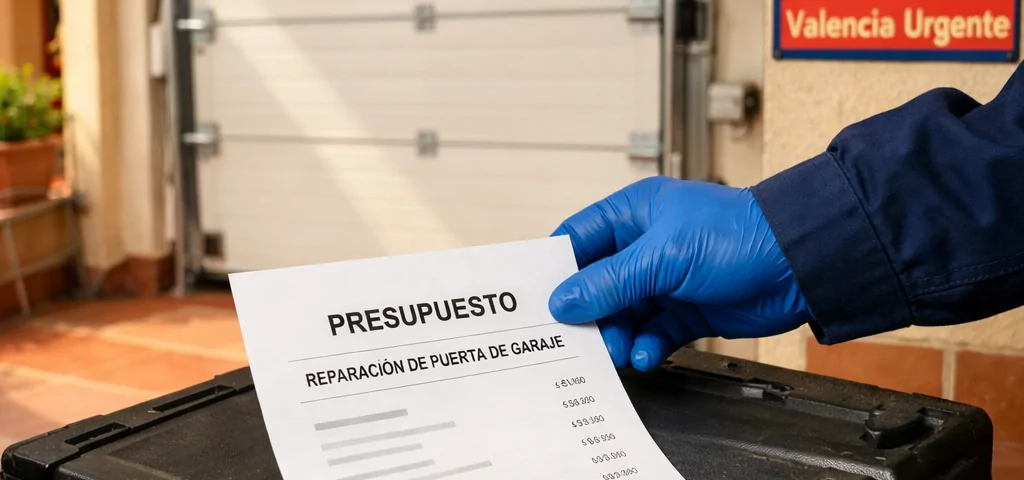 Tu00e9cnico con guante azul muestra un presupuesto de reparaciu00f3n de puerta de garaje accesible en Valencia, junto a sus herramientas.