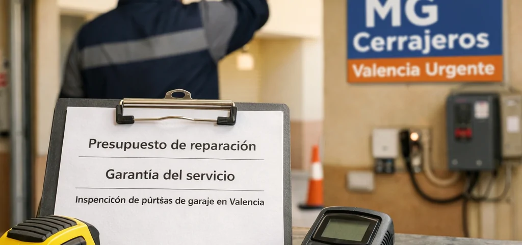 Presupuesto y garantu00eda en espau00f1ol junto a herramientas; tu00e9cnico revisa una puerta de garaje en Valencia. Quien ofrece la reparacion mas confiable de puertas de garaje en Valencia