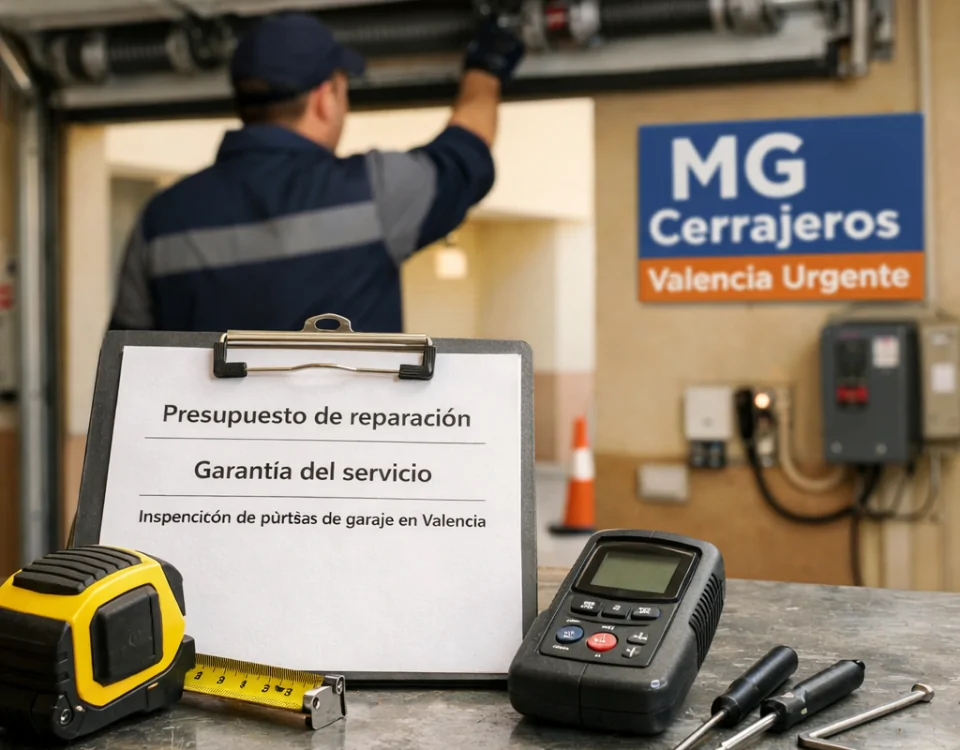 Presupuesto y garantu00eda en espau00f1ol junto a herramientas; tu00e9cnico revisa una puerta de garaje en Valencia. Quien ofrece la reparacion mas confiable de puertas de garaje en Valencia